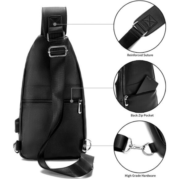 Men Leather Sling Bag Purse Waterproof Crossbody Chest Bag Sling Backpack - Picture 3 of 7